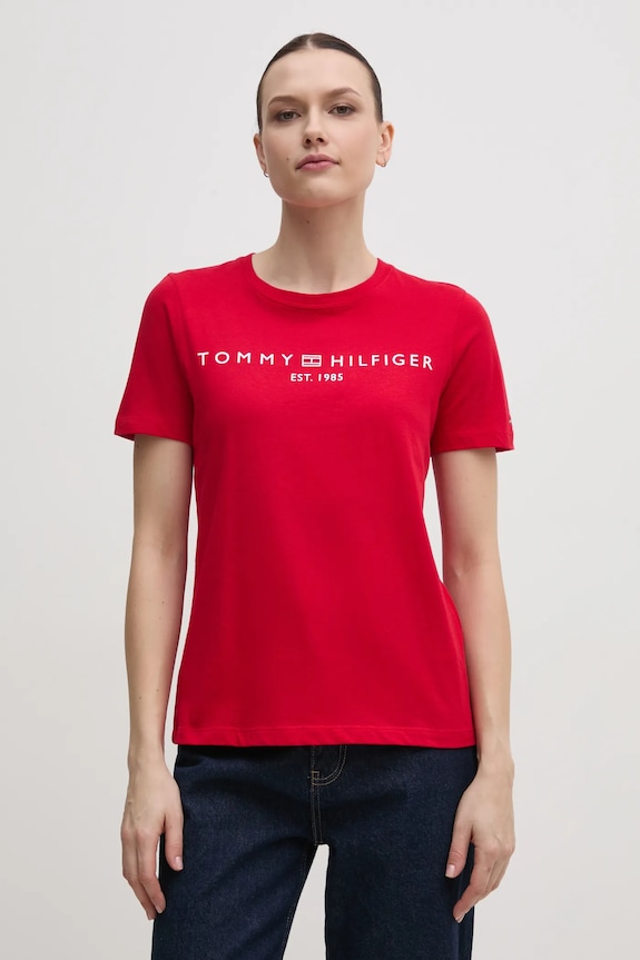 Tommy Hilfiger t-shirt da donna in cotone sovrastampa rosso WW0WW40276
