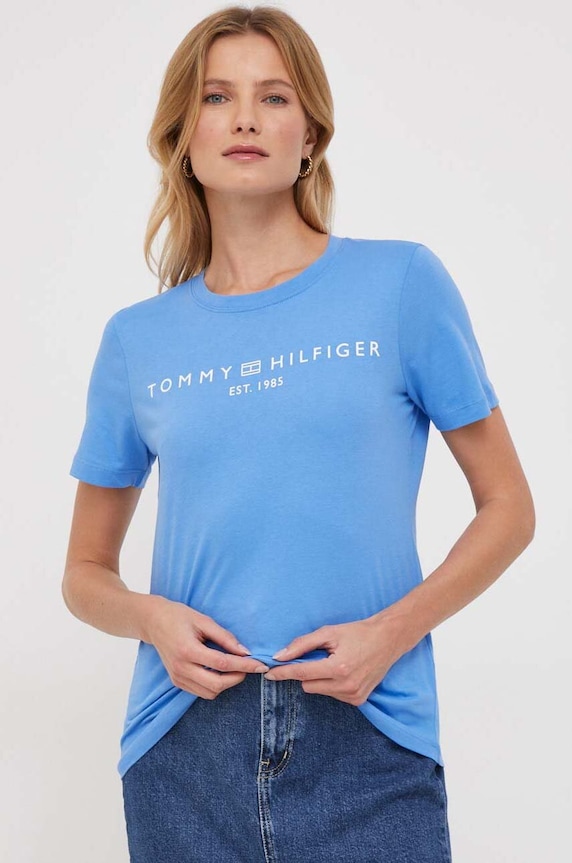 Tommy Hilfiger t-shirt da donna in cotone sovrastampa blu WW0WW40276