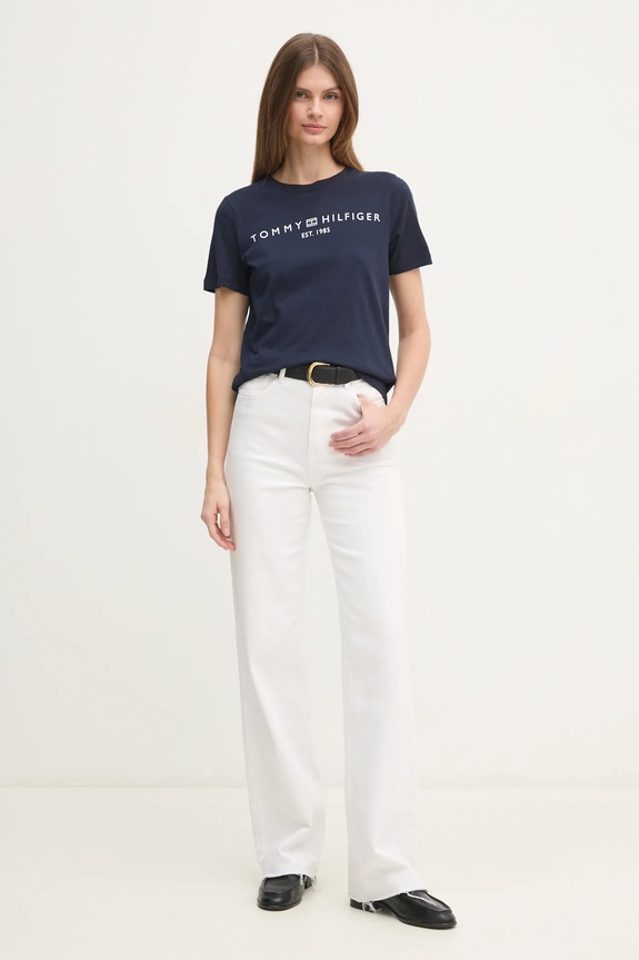 Tommy Hilfiger kratka majica ženska bombažna WW0WW40276 mornarsko modra SS26