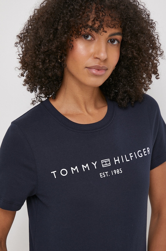 Tommy Hilfiger t-shirt da donna in cotone sovrastampa blu navy WW0WW40276