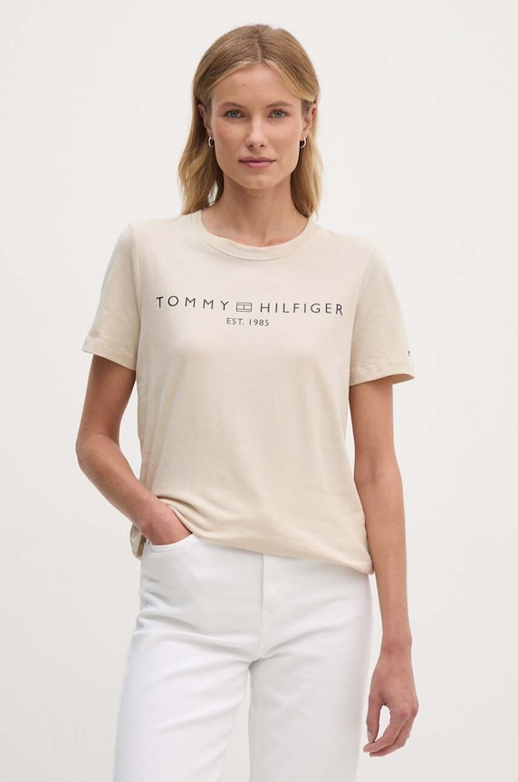Tommy Hilfiger T-shirt damski bawełniany nadruk beżowy WW0WW40276