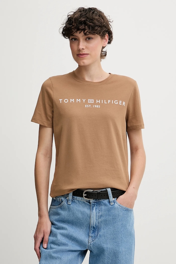 Tommy Hilfiger t-shirt da donna in cotone sovrastampa marrone WW0WW40276