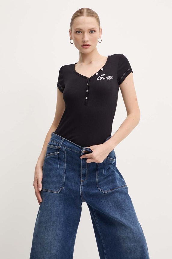 Tričko Guess HENLEY OLYMPIA nášivka čierna W4RP47.K1814