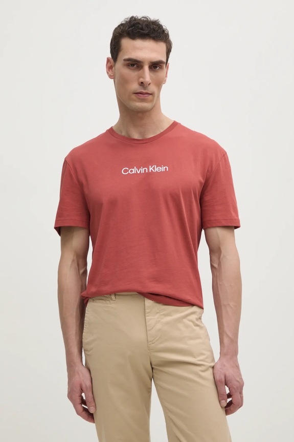 Βαμβακερό μπλουζάκι Calvin Klein εμπριμέ πορτοκαλί K10K111346
