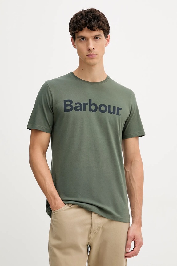 Bombažna kratka majica Barbour ESSENTIALS Potisk zelena MTS0531