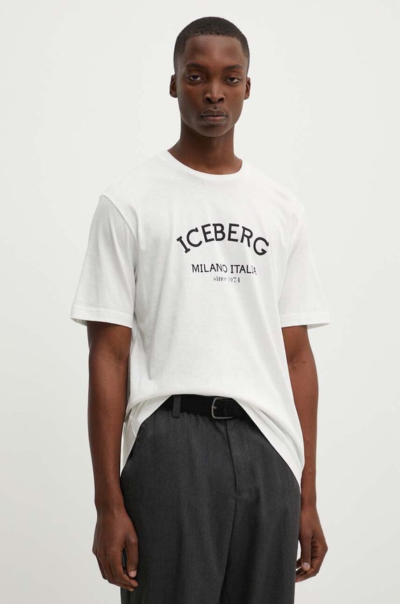 Iceberg t-shirt bawełniany nadruk beżowy F02N.6325
