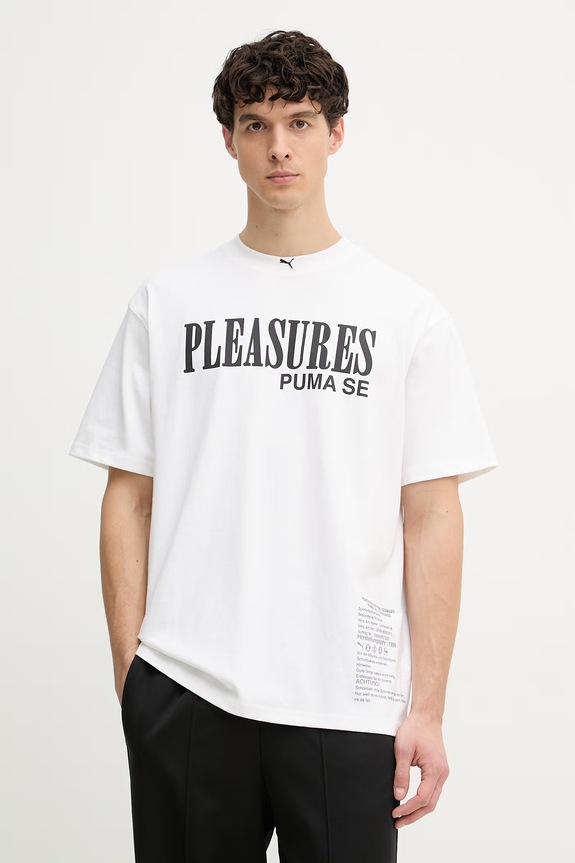Puma T-shirt męski bawełniany PUMA x PLEASURES Typo Tee nadruk biały 620878