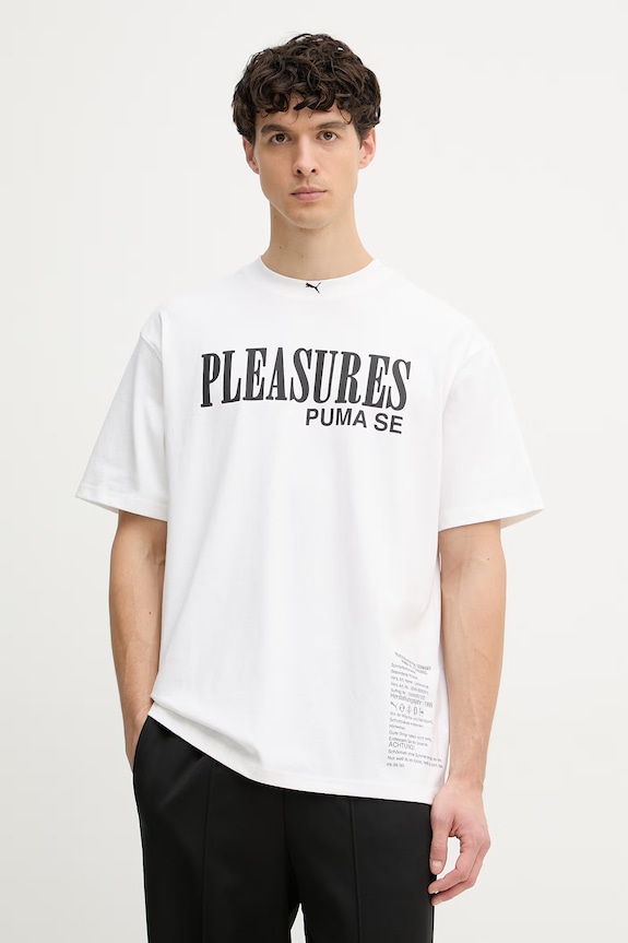 Puma T-shirt męski bawełniany PUMA x PLEASURES Typo Tee nadruk biały 620878