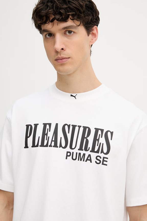 Puma T-shirt męski bawełniany PUMA x PLEASURES Typo Tee biały 620878