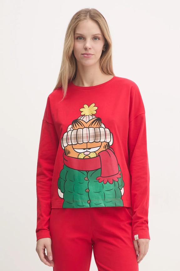 Majica dugih rukava za spavanje United Colors of Benetton x GARFIELD print crvena 3DKE3M06L