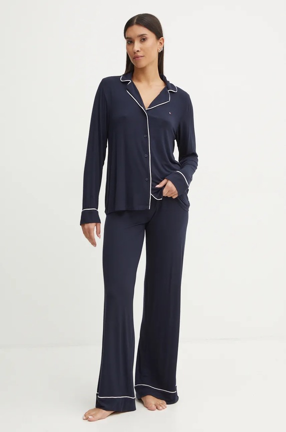 Πιτζάμα Tommy Hilfiger πλεκτό ύφασμα σκούρο μπλε UW0UW05558