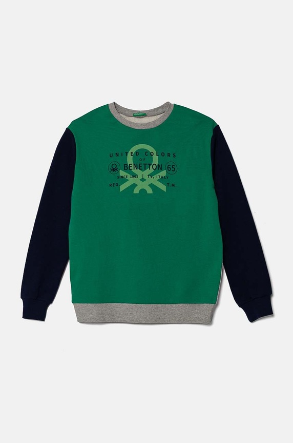 Dětská bavlněná mikina United Colors of Benetton bez kapuce zelená 3J68C10JM.G.Seasonal