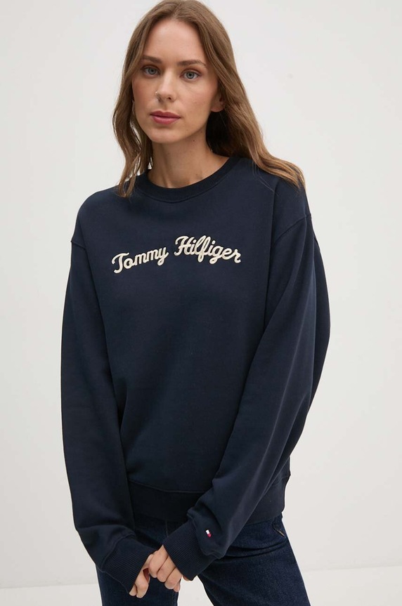 Bavlněná mikina Tommy Hilfiger bez kapuce námořnická modř WW0WW42615