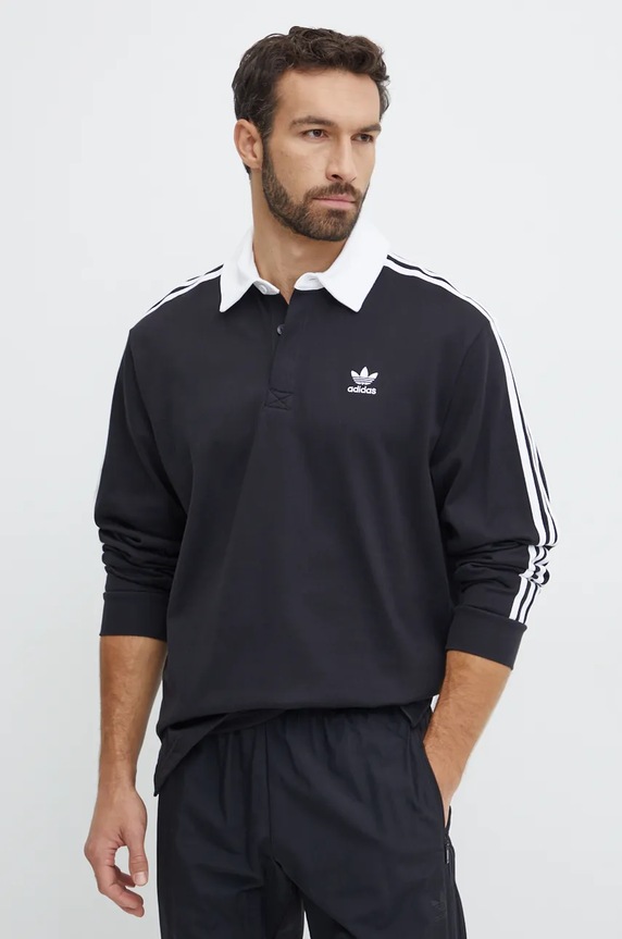 Bavlněné tričko s dlouhým rukávem adidas Originals Adicolor propínací černá IZ4806