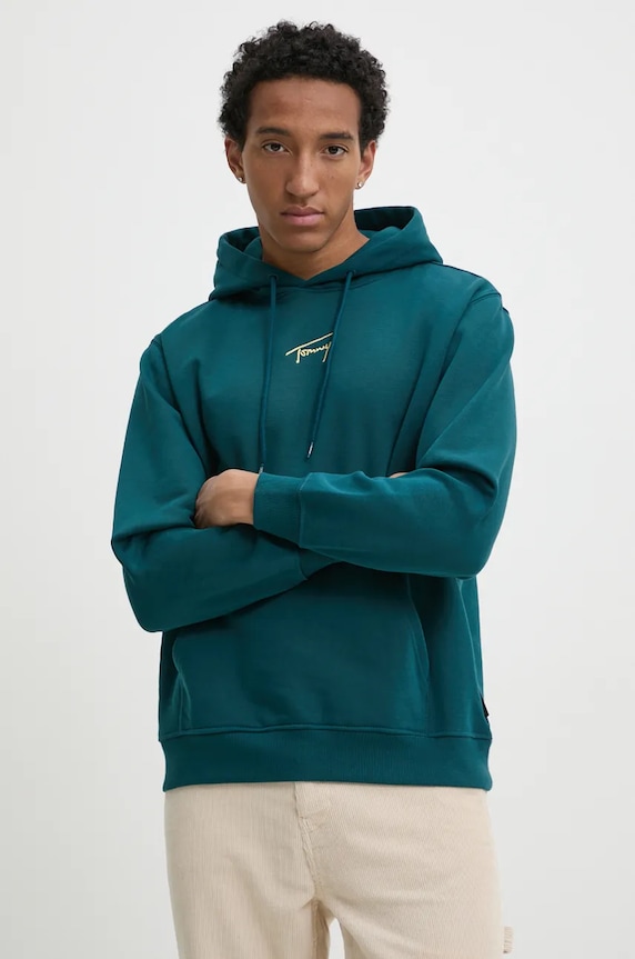 Mikina Tommy Jeans s kapucí tyrkysová DM0DM20507