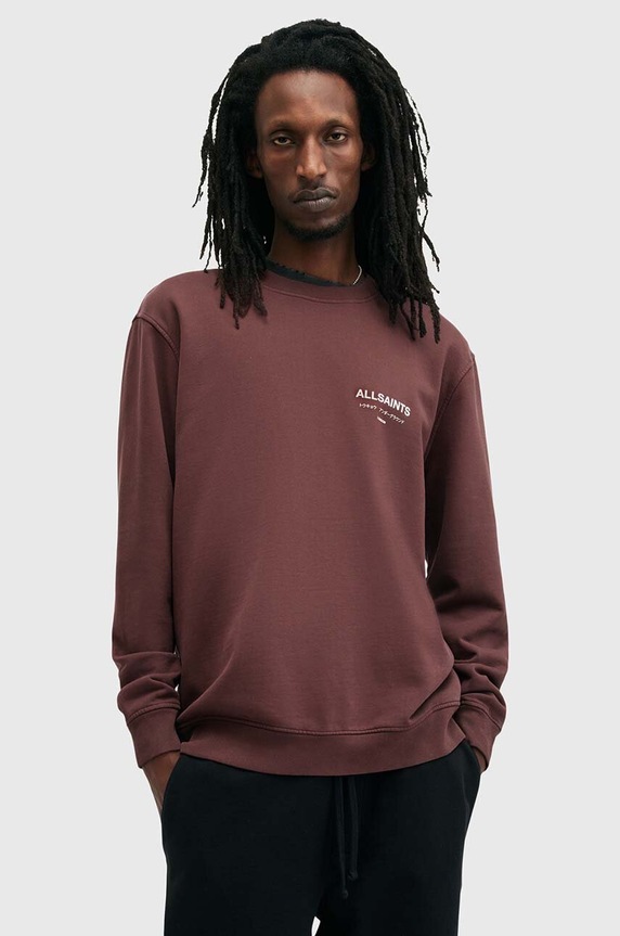 Bavlněná mikina AllSaints UNDERGROUND bez kapuce burgundské M033NB