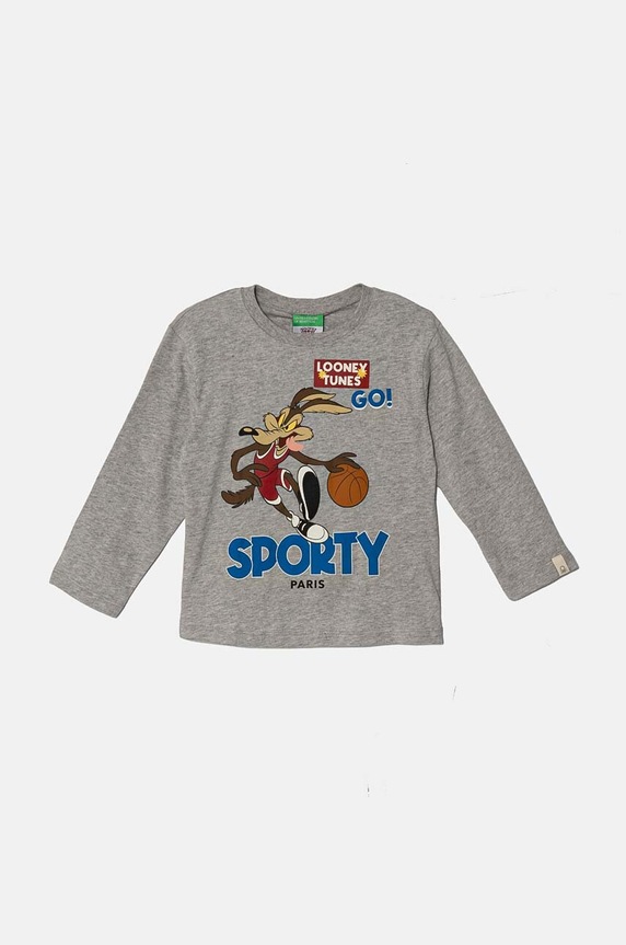 Otroška bombažna majica z dolgimi rokavi United Colors of Benetton x Looney Tunes Okrogel siva 3ATNG10GY.P.Seasonal