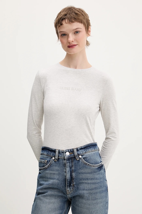 Majica dugih rukava Guess Jeans natpis siva W4YI22.J1314