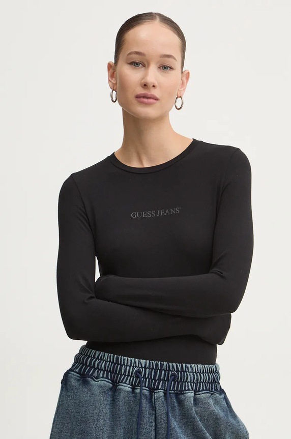 Majica z dolgimi rokavi Guess Jeans Z elastanom črna W4BP41.J1314
