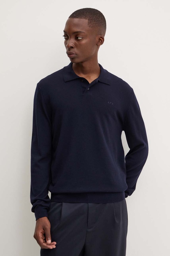 Vlnený sveter A.P.C. polo jacob logo vlna tmavomodrá WVAWM.H23324