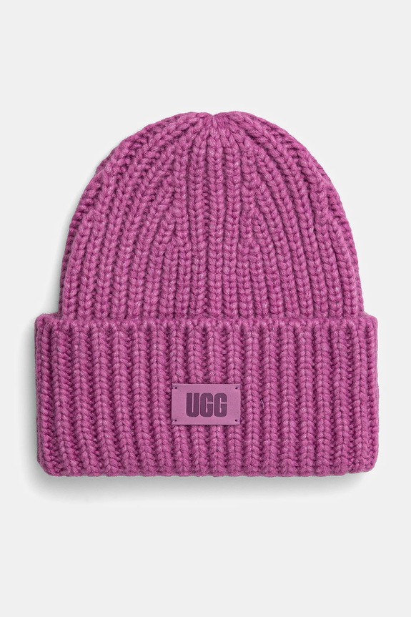 Čepice z vlněné směsi UGG CHUNKY RIB BEANIE s příměsí vlny růžová 21687.