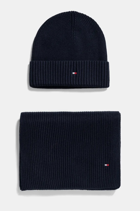 Kapa i šal s dodatkom kašmira Tommy Hilfiger bez uzorka mornarsko plava AM0AM12937