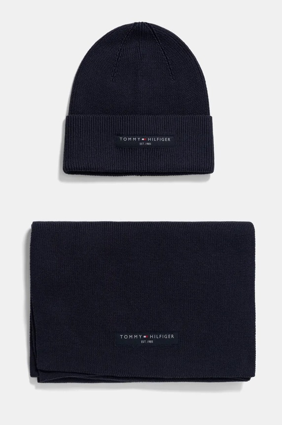 Tommy Hilfiger caciula si fular din bumbac uni bleumarin AM0AM13132