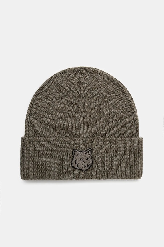 Μάλλινο σκουφί Maison Kitsuné Bold Fox Head απλικέ πράσινο MM06111KT1022