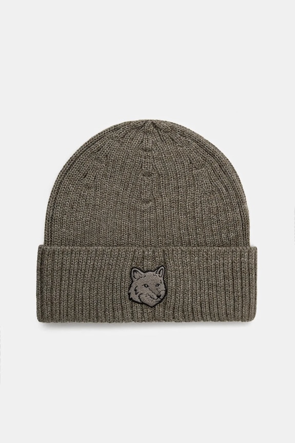 Μάλλινο σκουφί Maison Kitsuné Bold Fox Head απλικέ πράσινο MM06111KT1022