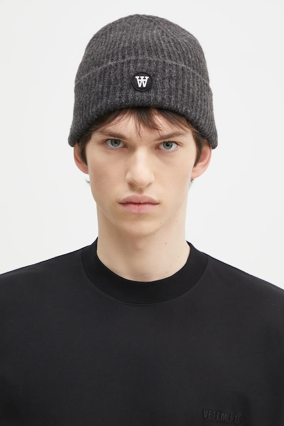 Σκουφί από μείγμα μαλλιού Wood Wood Vin AA Beanie απλό γκρί 10320804.4068