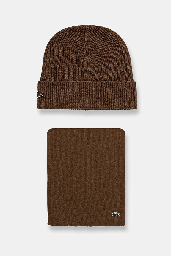 Lacoste czapka i szalik wełniany wełna brązowy RB5385