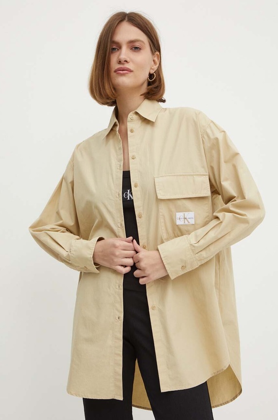 Βαμβακερό πουκάμισο Calvin Klein Jeans μακρύ μπεζ J20J223867