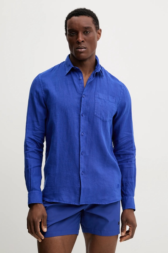 Vilebrequin camicia di lino CAROUBIS semplice blu navy CRSH9U10