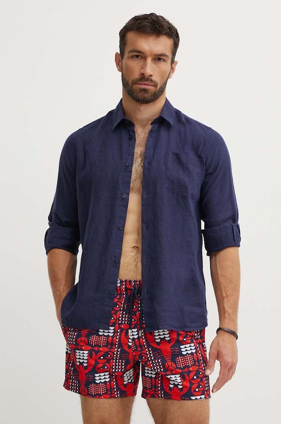 Vilebrequin koszula lniana CAROUBIS regular granatowy CRSU3U00