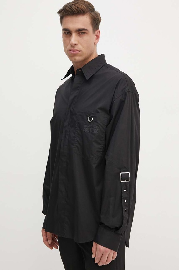 Βαμβακερό πουκάμισο Versace Jeans Couture μακρύ μαύρο 77GAL218.N0132