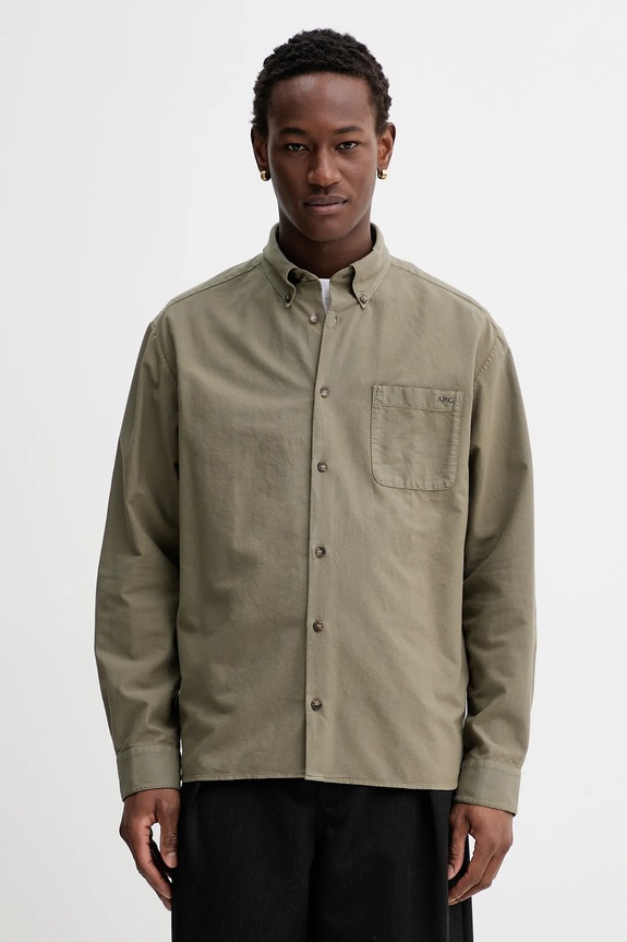 A.P.C. camasa din bumbac Chemise Mateo Logo lung verde COHAH.H12599.JAA