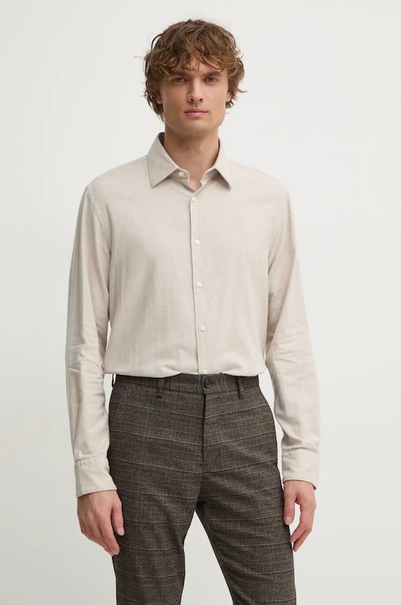 Βαμβακερό πουκάμισο BOSS μακρύ μπεζ 50527586