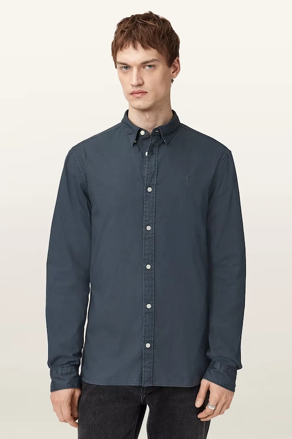 Bombažna srajca AllSaints HAWTHORNE LS SHIRT Dolg modra M150SB
