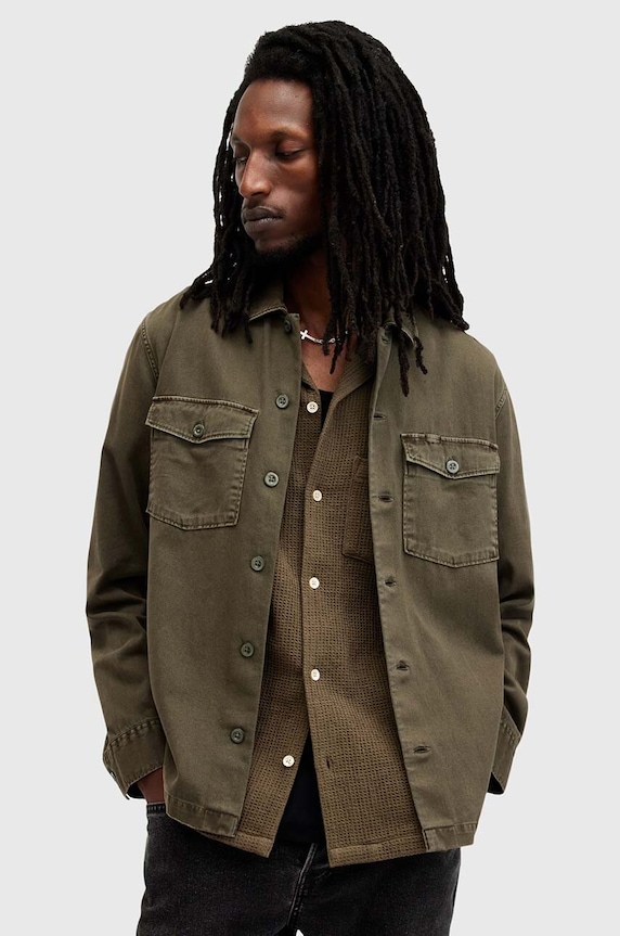 AllSaints camasa din bumbac SPOTTER LS SHIRT lung verde M154SB