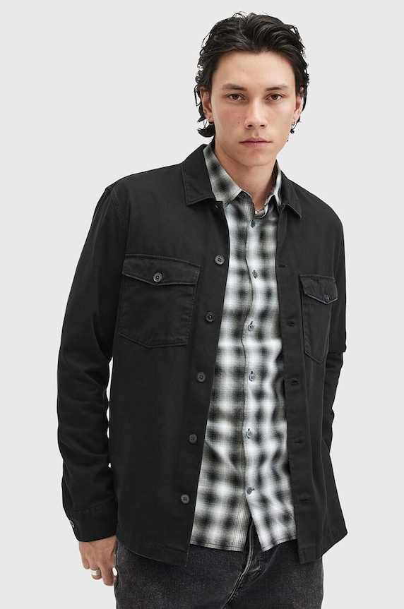 AllSaints camasa din bumbac SPOTTER LS SHIRT lung negru M154SB