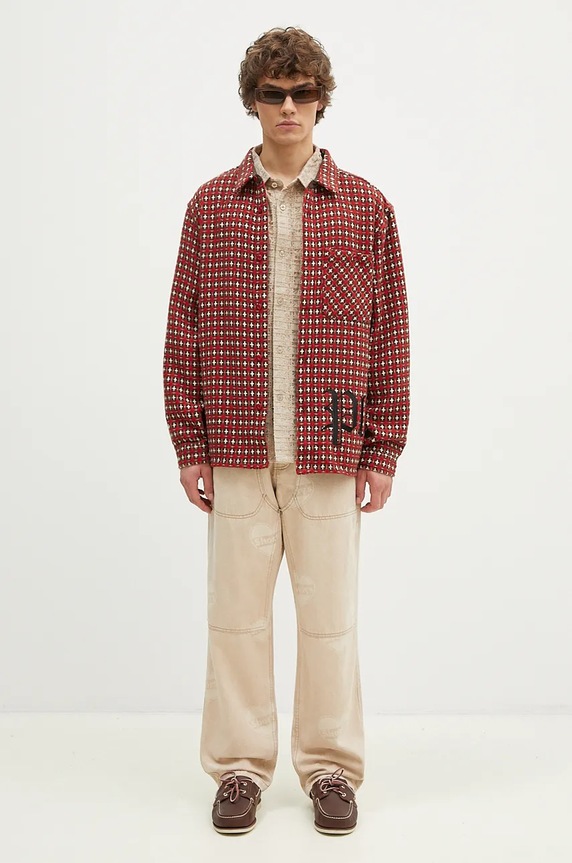 Košile s příměsí vlny PLEASURES Cross Work Shirt P24F036 červená