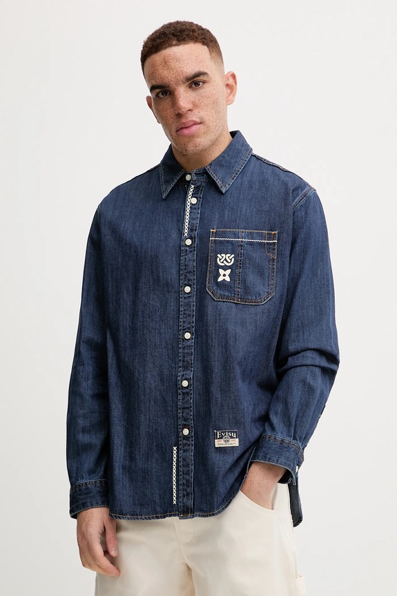 Rifľová košeľa Evisu Daicock Printed jednofarebný tmavomodrá 2EAHTM4DL1031