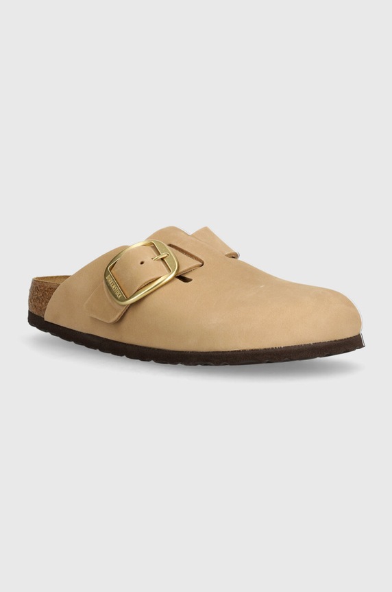 Birkenstock klapki nubukowe Boston Big Buckle płaski beżowy 1028052