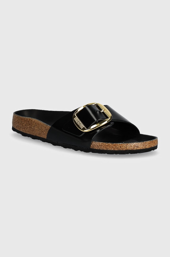 Birkenstock klapki skórzane Madrid Big Buckle płaski czarny 1022650