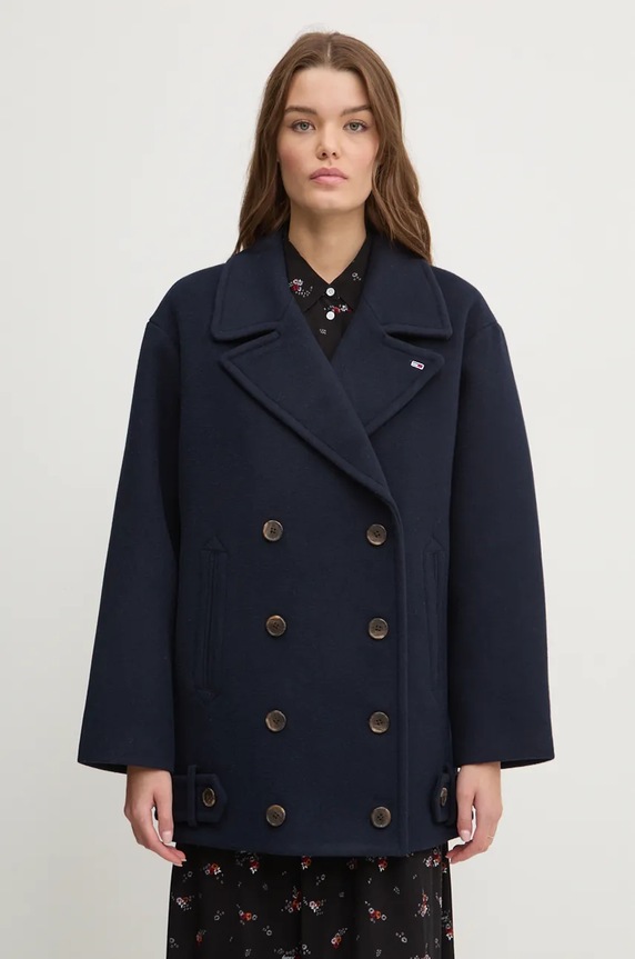 Kabát s příměsí vlny Tommy Jeans bez kapuce námořnická modř DW0DW19752