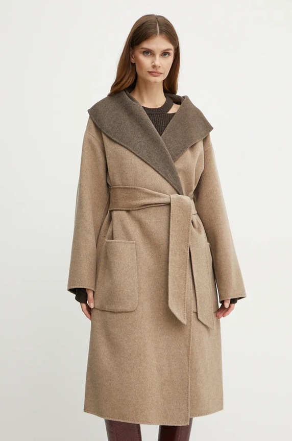 Вълнено палто с две лица Karl Lagerfeld без качулка бежов 246W1502