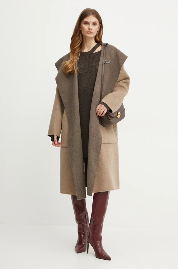 Дрехи Вълнено палто с две лица Karl Lagerfeld 246W1502 бежов