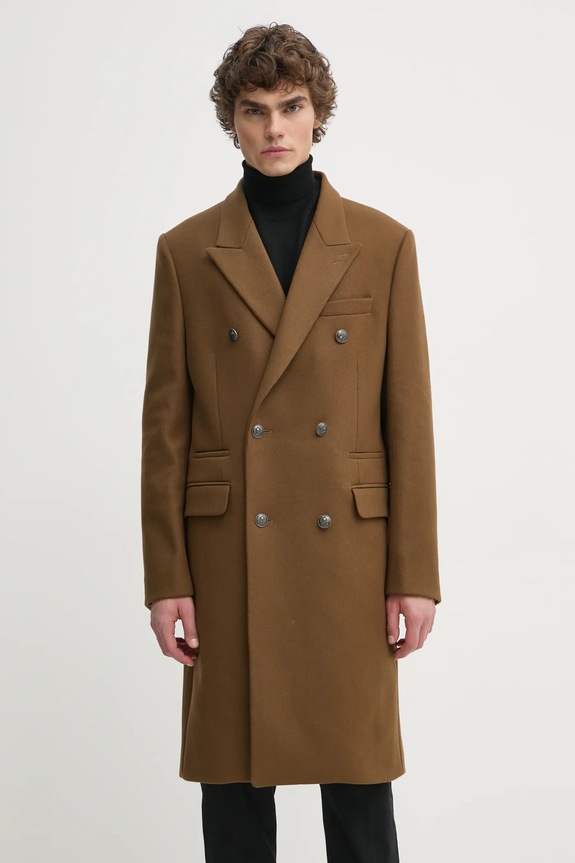 Vlnený kabát The Kooples bez kapucne hnedá HMAN29007K