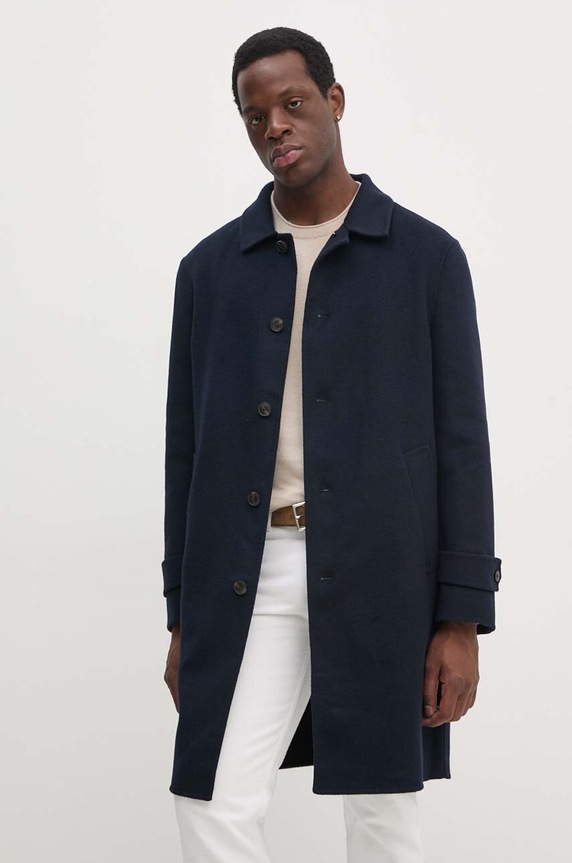 Vlněný kabát Tommy Hilfiger námořnická modř MW0MW37395