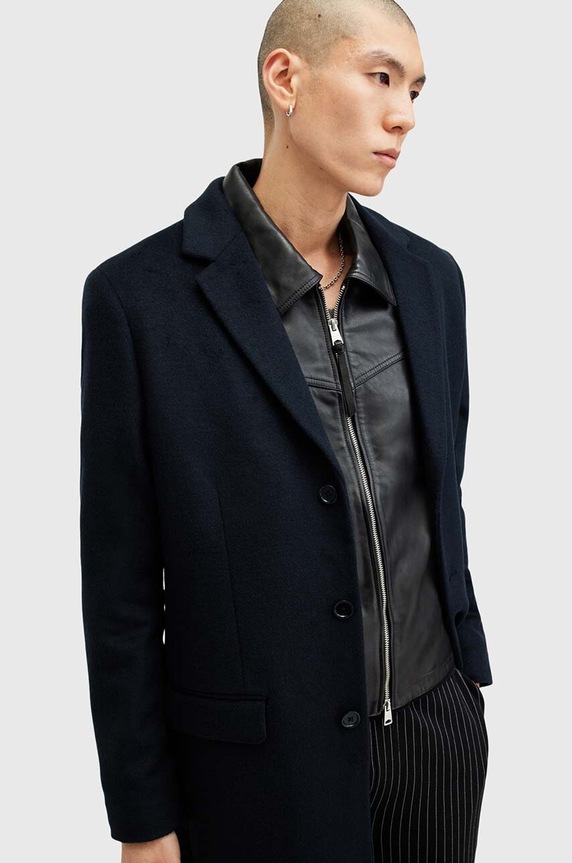 Kabát s příměsí vlny AllSaints HAL COAT M005OZ námořnická modř AW24